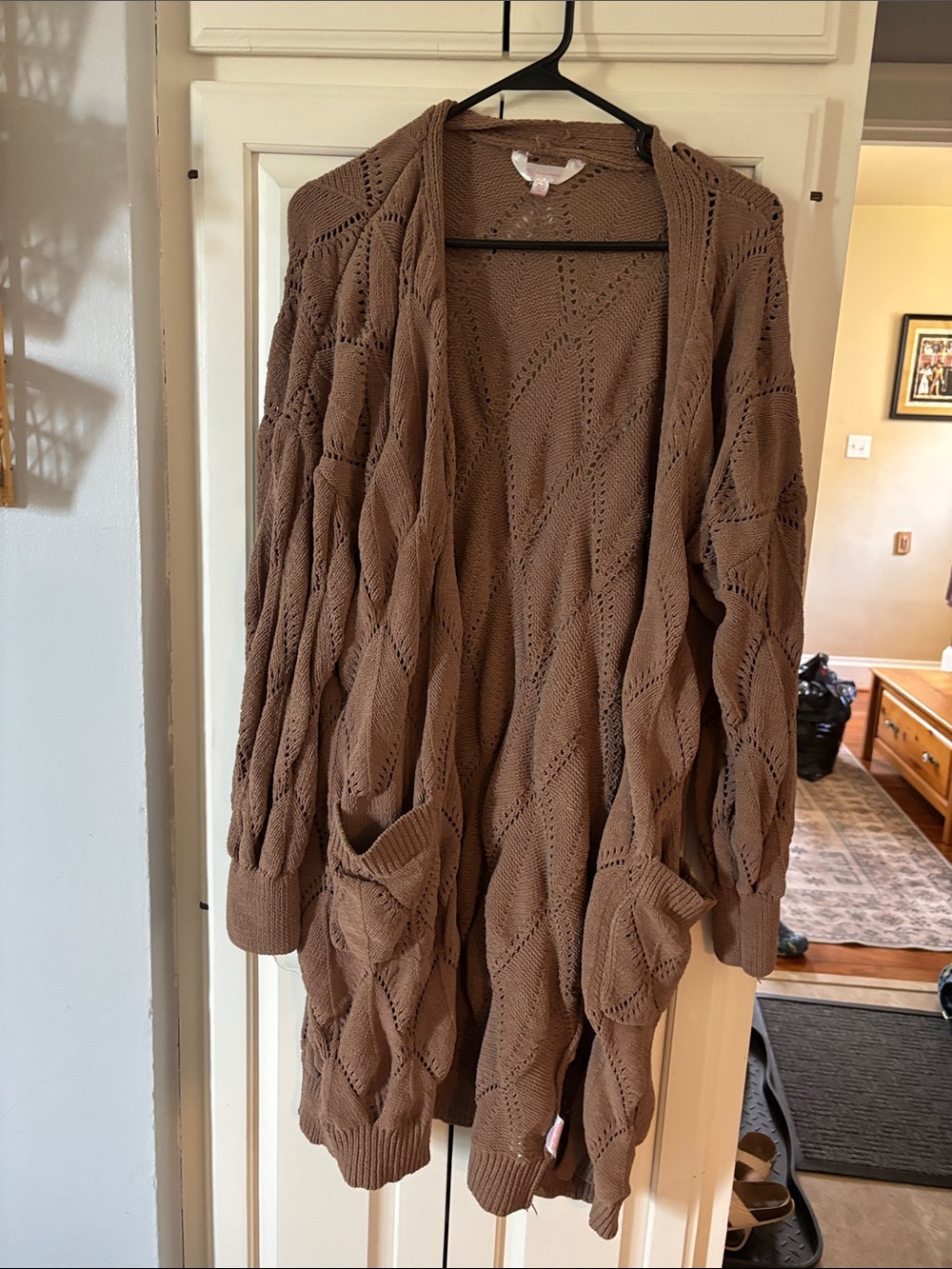 No Boundaries Open-Front Brown Pointelle Knit Cardigan